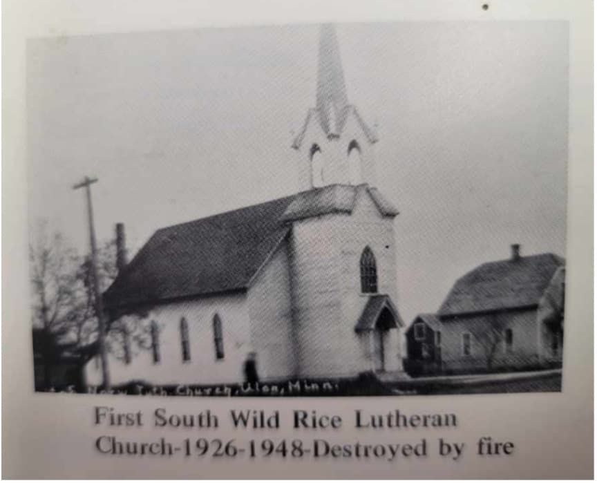 The first church building used by First South Wild Rice Lutheran Church, used from 1926 until it was destroyed by fire in 1948